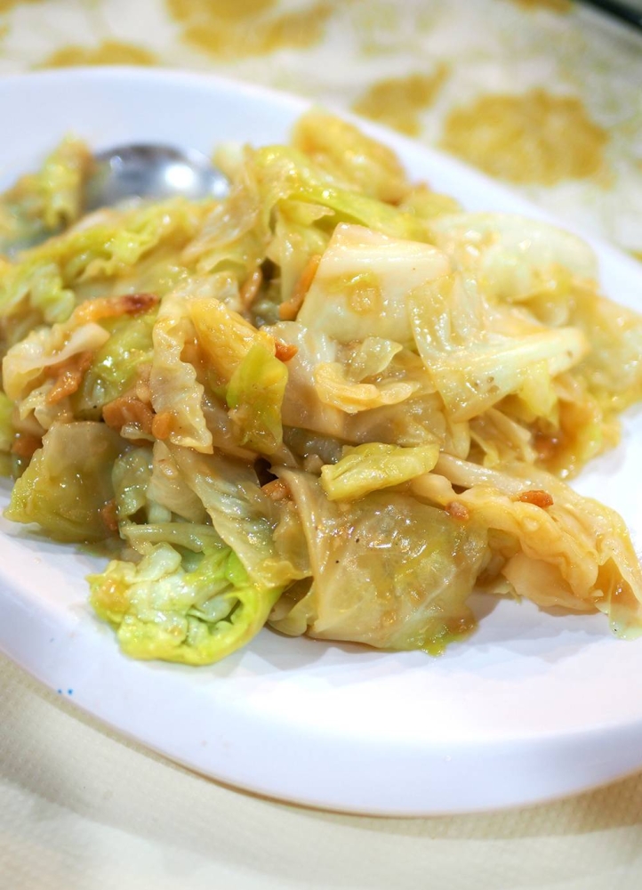 Stir fried cabbage is uplifted with dried prawns for a simple dish