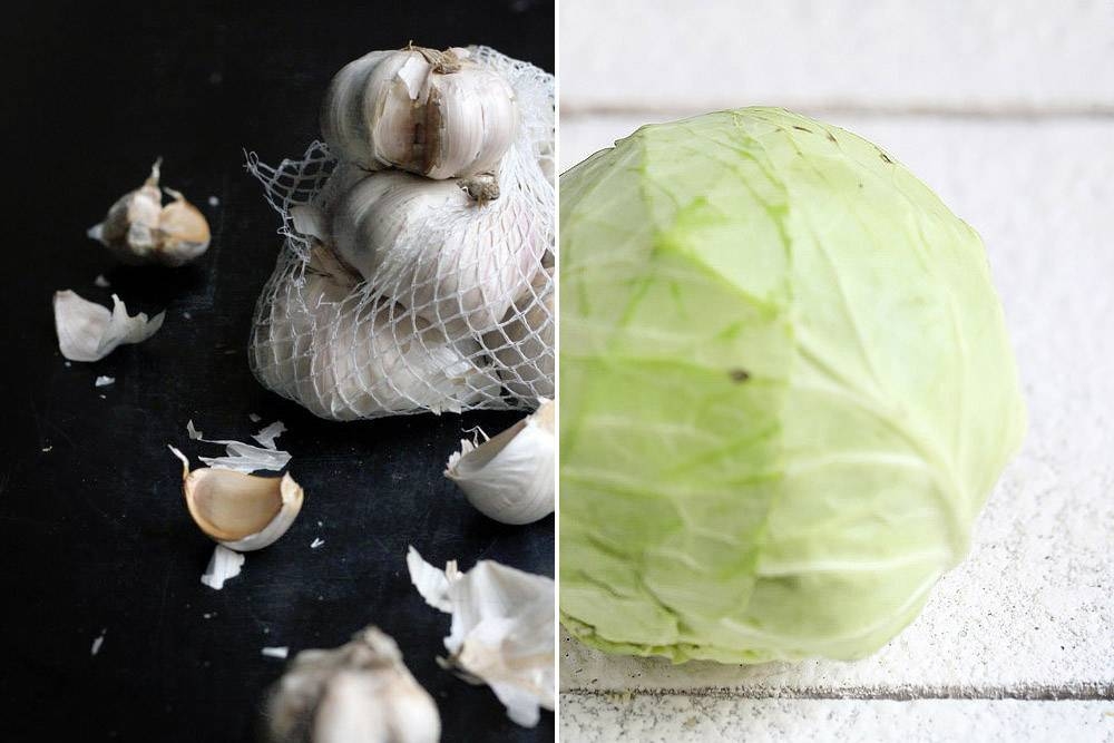 Garlic for aromatics (left) and cabbage to bulk up the dish (right).
