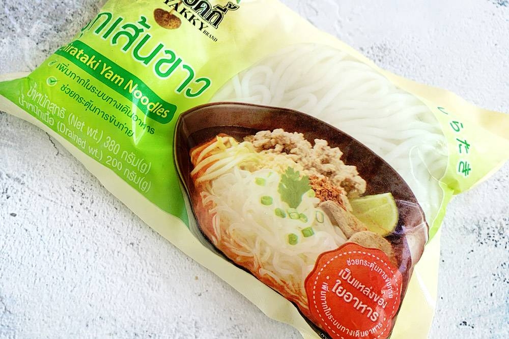 'Shirataki' noodles are bland and can soak up the flavours of the yellow curry.