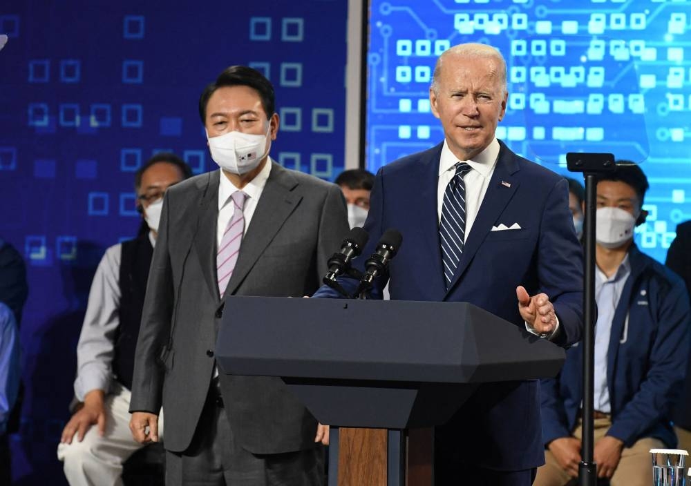 US President Joe Biden speaks with South Korean President Yoon Suk-youl during a press conference after visiting at the Samsung Electronic Pyeongtaek Campus in Pyeongtaek, South Korea May 20 2022. — Pool pic via Reuters