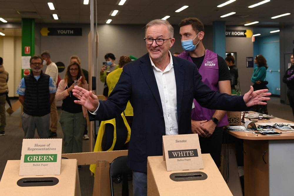 Australian Opposition Leader Anthony Albanese reacts after casting his vote at a polling booth at Marrickville Town Hall on Federal Election day, in Sydney, Australia, May 21, 2022. ― Reuters pic