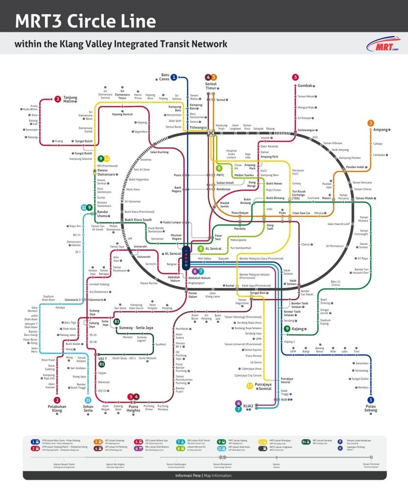 Klang Valley Integrated Transit Map including MRT 1 (Kajang Line), 2 (Putrajaya Line) and 3 (Circle Line). — MRTCorp picture via SoyaCincau