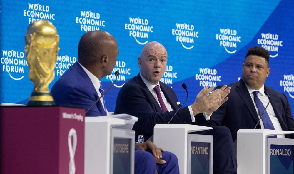 Fifa president Gianni Infantino speaks during a panel discussion at the World Economic Forum 2022 in the Alpine resort of Davos May 23, 2022. — Reuters pic