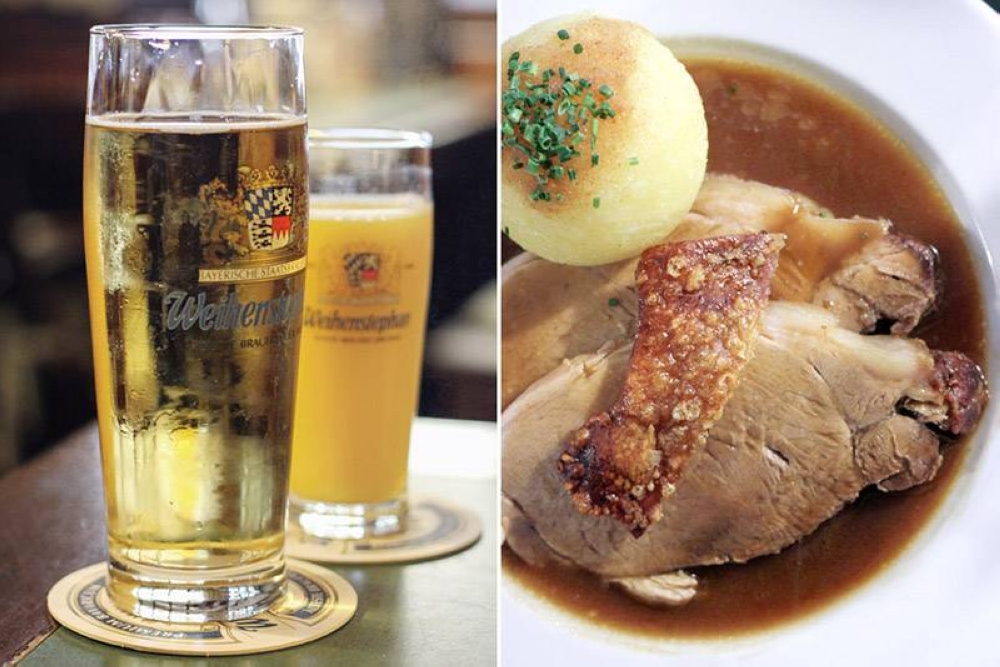 Enjoy Bavarian fare like a Bavarian: 'Weißbier' (left) and 'Schweinsbraten' (right).