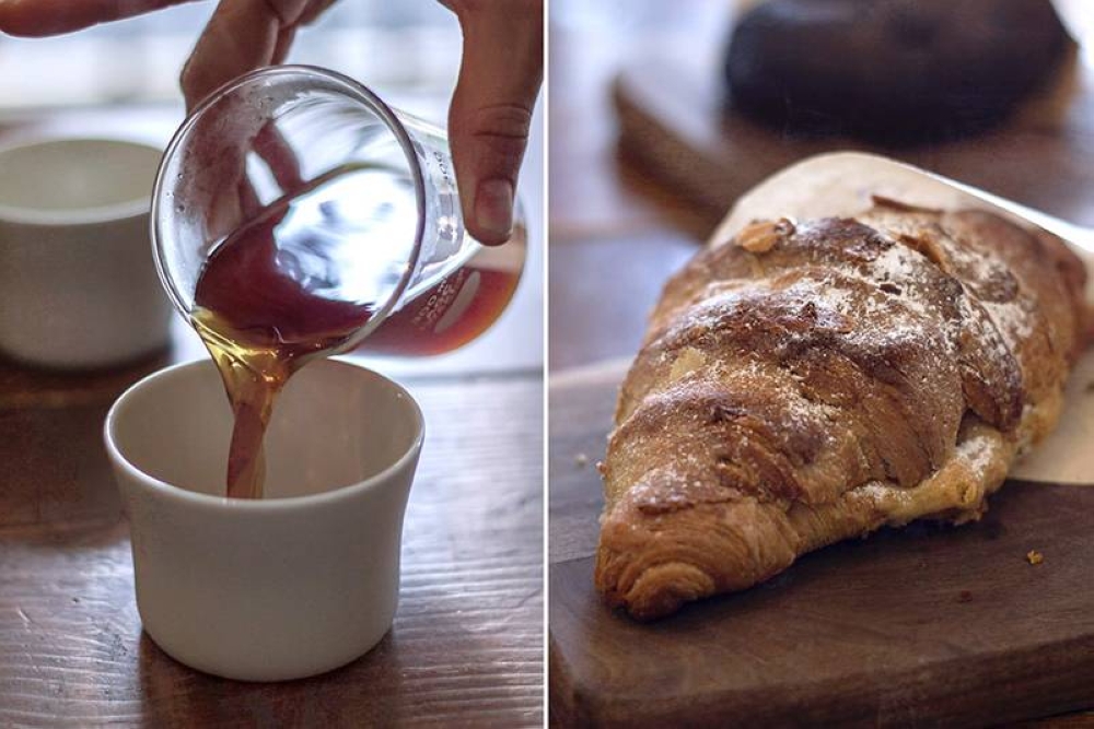 A tea-like pour-over coffee goes well with a nutty, not-too-sweet almond croissant.