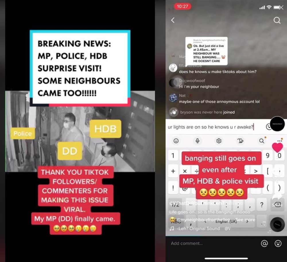 The errant neighbour remained defiant even after ‘Faye’ received a visit from MP Darryl David as well as HDB and police officials. — Screenshots via TikTok/ myneighbourfromhellsg