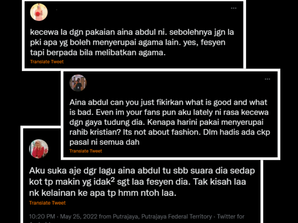 Some of the comments from local social media users on Aina's outfit yesterday. — Twitter screenshot 