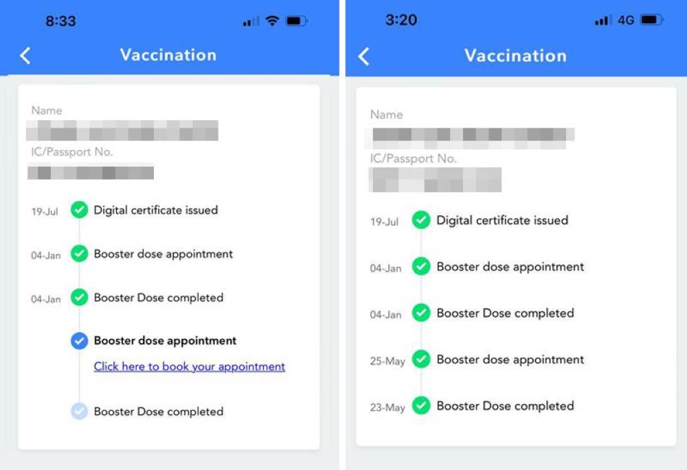 On the left, you can see the link to make your booster shot appointment and once done, it will be reflected on your app as shown on the right. 
