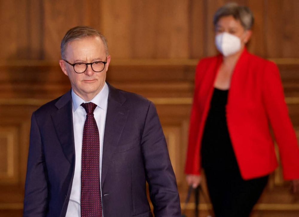 Australia’s Prime Minister Anthony Albanese (left) and Foreign Minister Penny Wong attend a bilateral meeting with Japan’s prime minister on the sidelines of the Quad leaders’ summit between the US, Japan, India and Australia, at the Akasaka Palace state guest house in Tokyo on May 24, 2022. — AFP pic