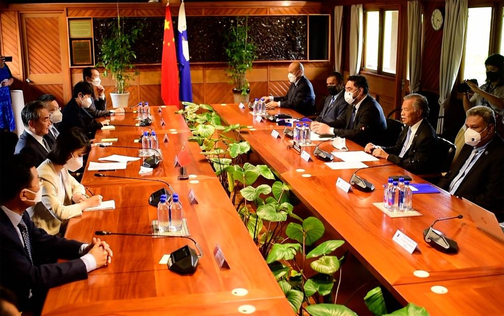 This handout photo taken and released by the Pacific Islands Forum on May 29, 2022 shows Secretary-General of the Pacific Islands Forum Henry Puna (2nd right) holding a meeting with Chinese Foreign Minister Wang Yi (3rd left) in Fiji's capital city of Suva. — Pacific Islands Forum handout pic via AFP