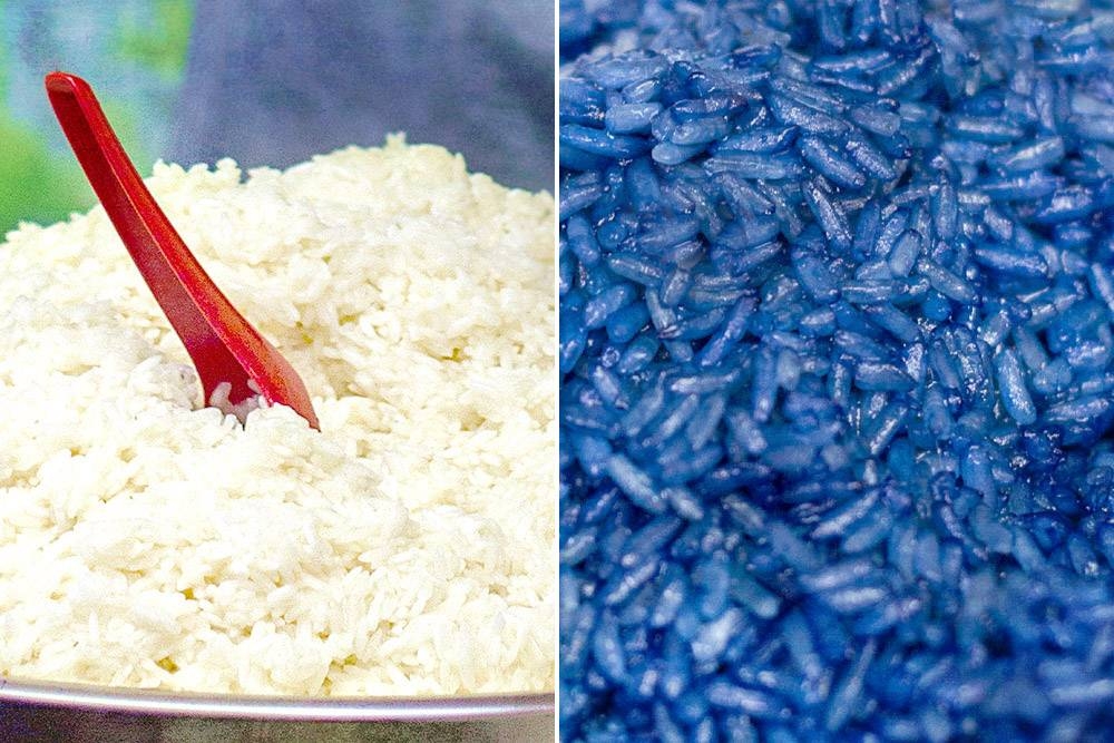 Sticky glutinous rice, before and after adding butterfly pea flower extract.
