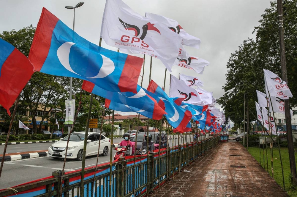 Party flags are pictured ahead of the 12th Sarawak State election in Kuching December 10, 2021. — Picture by Yusof Mat Isa