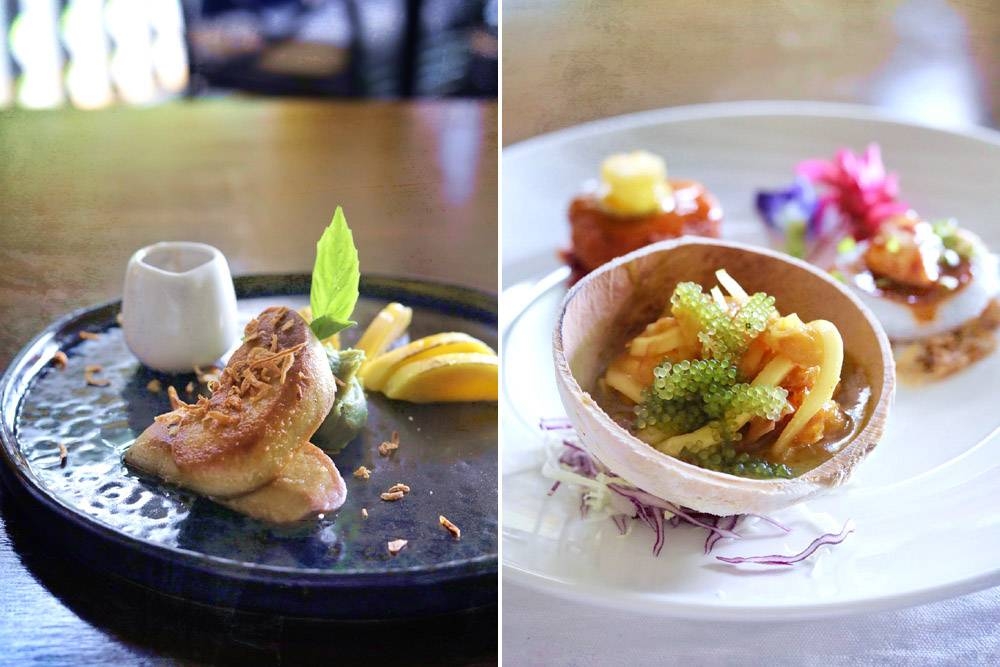 'Foie gras' with caramelised Nam Dok Mai mango and Thai sweet basil (left). 'Sam bai kor leang,' or spicy deep-sea tiger prawns (right).