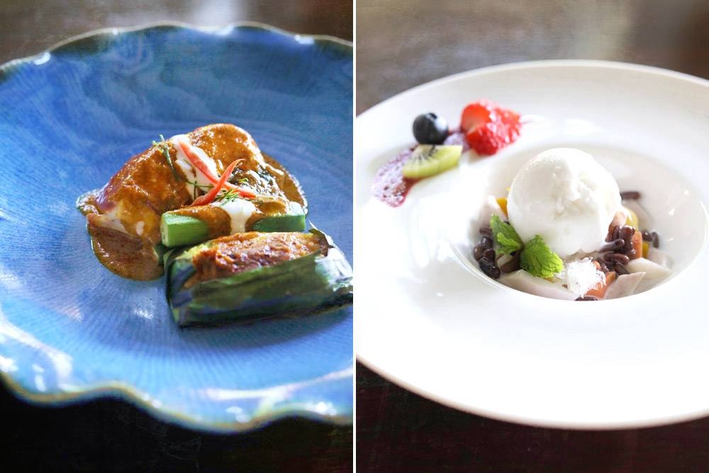 The 'tumee' seabass is based on a heritage Phuketian Peranakan recipe (left). A deconstructed take on tubo, a Phuketian dessert (right).