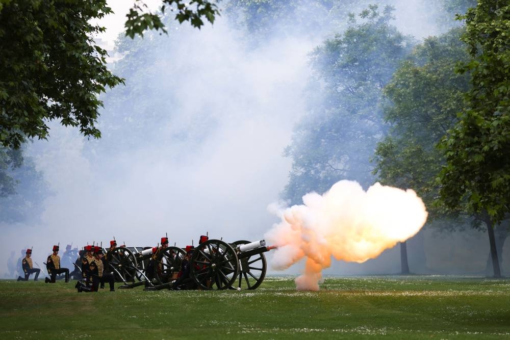 The King's Troop Horse Artillery fire an 82-gun salute in Hyde Park in celebration of Britain's Queen Elizabeth's Platinum Jubilee, in London June 2, 2022. — Reuters pic