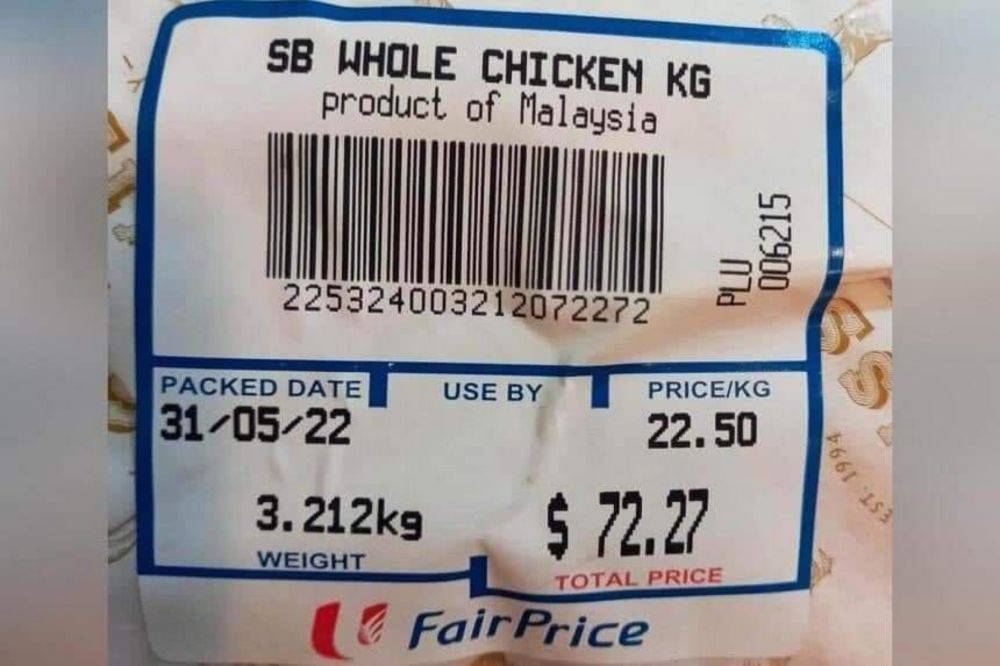 The photograph of a price label showed ‘SB Whole Chicken’ on sale at S$72.27 for a 3.21kg packet. — NTUC FairPrice/Facebook pic via TODAY
