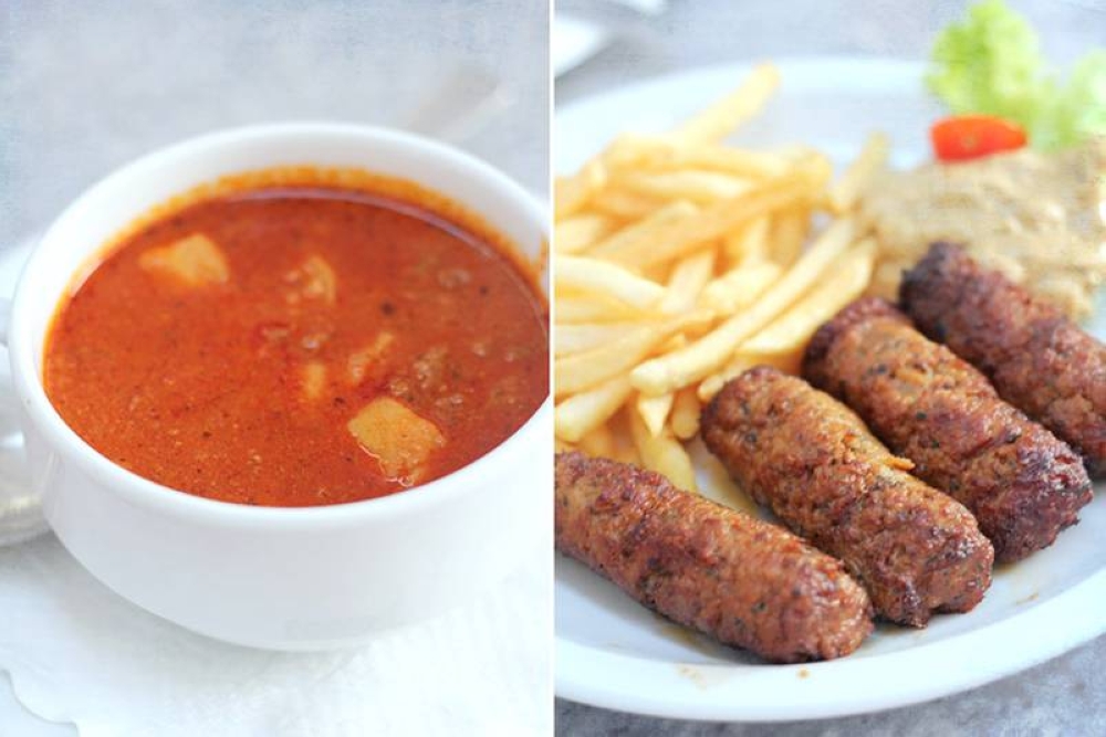 A hearty bowl of 'Gulasch' (left). 'Ćevapčići', served with fries and a salad (right).