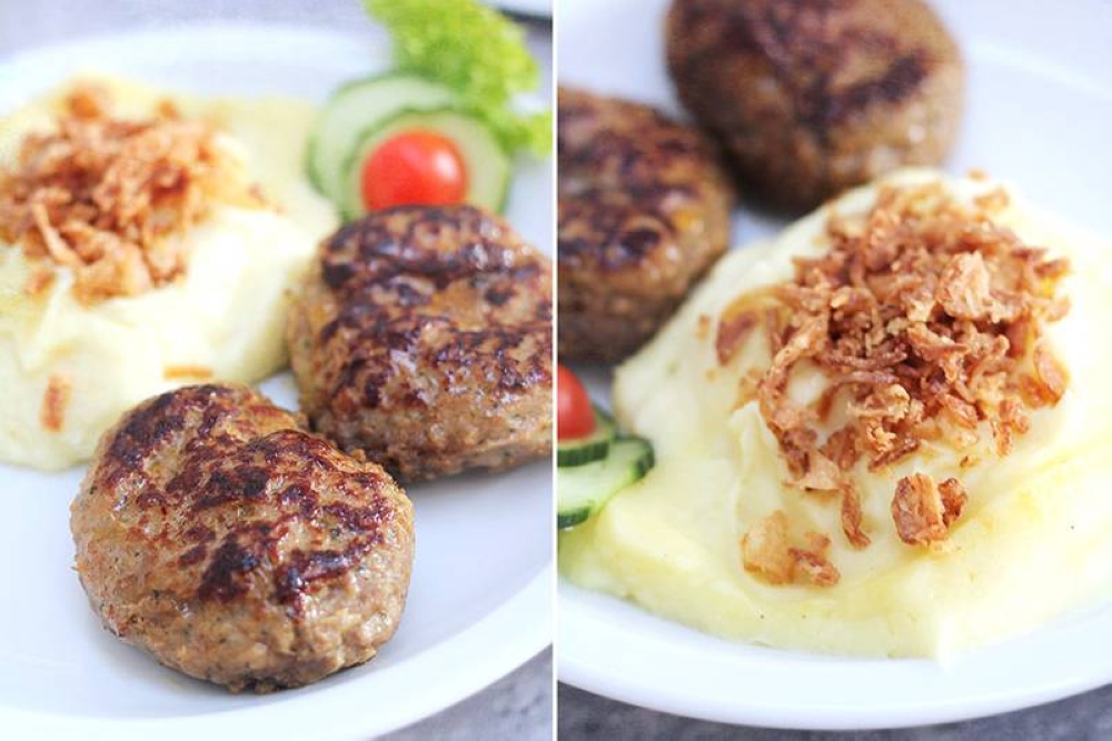 'Faschierte Laibchen' (left) and 'Erdäpfelpüree' (right).