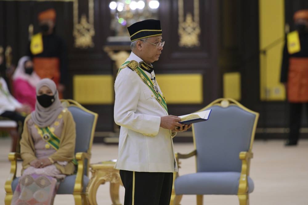 Prime Minister Datuk Seri Ismail Sabri Yaakob delivers his congratulatory speech to the Yang di-Pertuan Agong on the latter's birthday at Istana Negara June 6, 2022. — Bernama pic