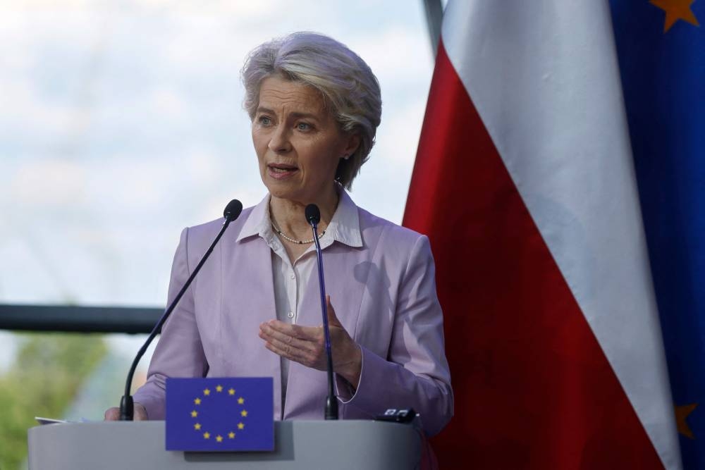 European Commission President Ursula von der Leyen addresses a joint press conference with the Polish President and Prime Minister at the PSE Polish Power Systems headquarters in Konstancin-Jeziorna near Warsaw on June 2, 2022. — AFP pic