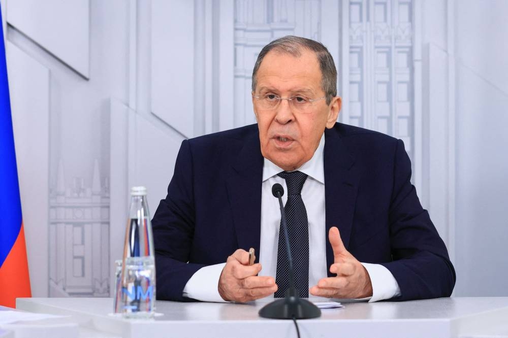 Russian Foreign Minister Sergei Lavrov holds an online press conference in Moscow on June 6, 2022. — Russian Foreign Ministry handout pic via AFP