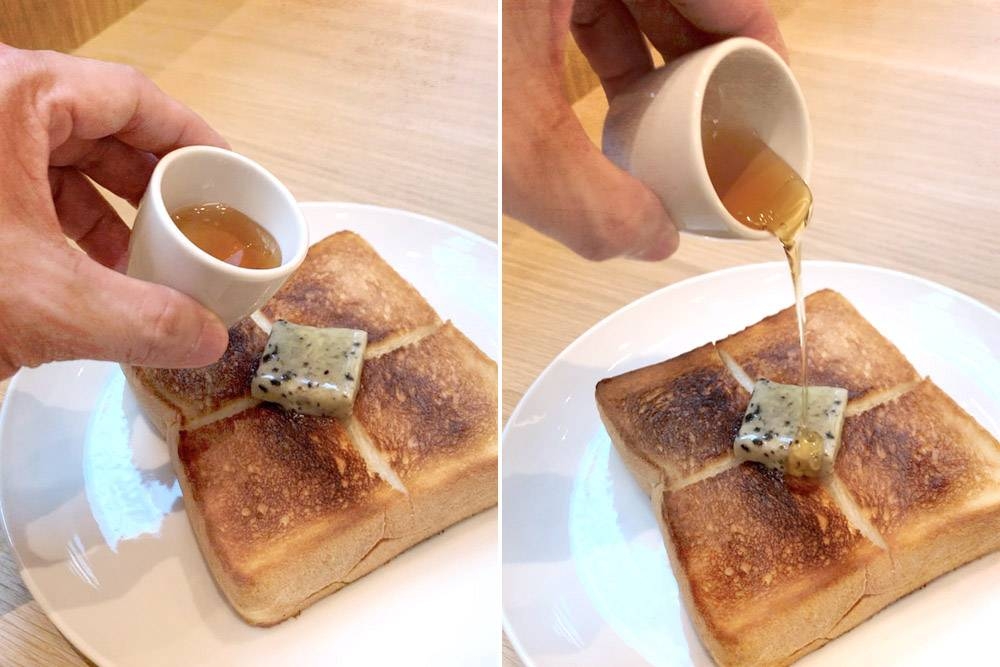 Drizzle some honey over the toasted 'shokupan' and pat of black truffle butter.