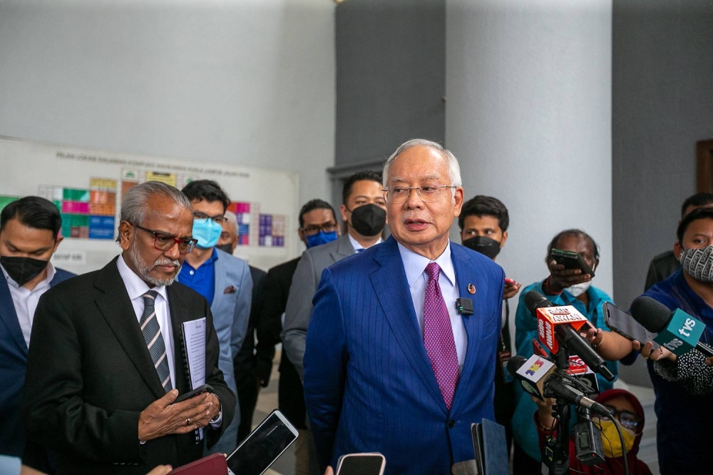 Datuk Seri Najib Razak speaking to the media at the Kuala Lumpur High Court. June 07, 2022 ― Picture by Devan Manuel