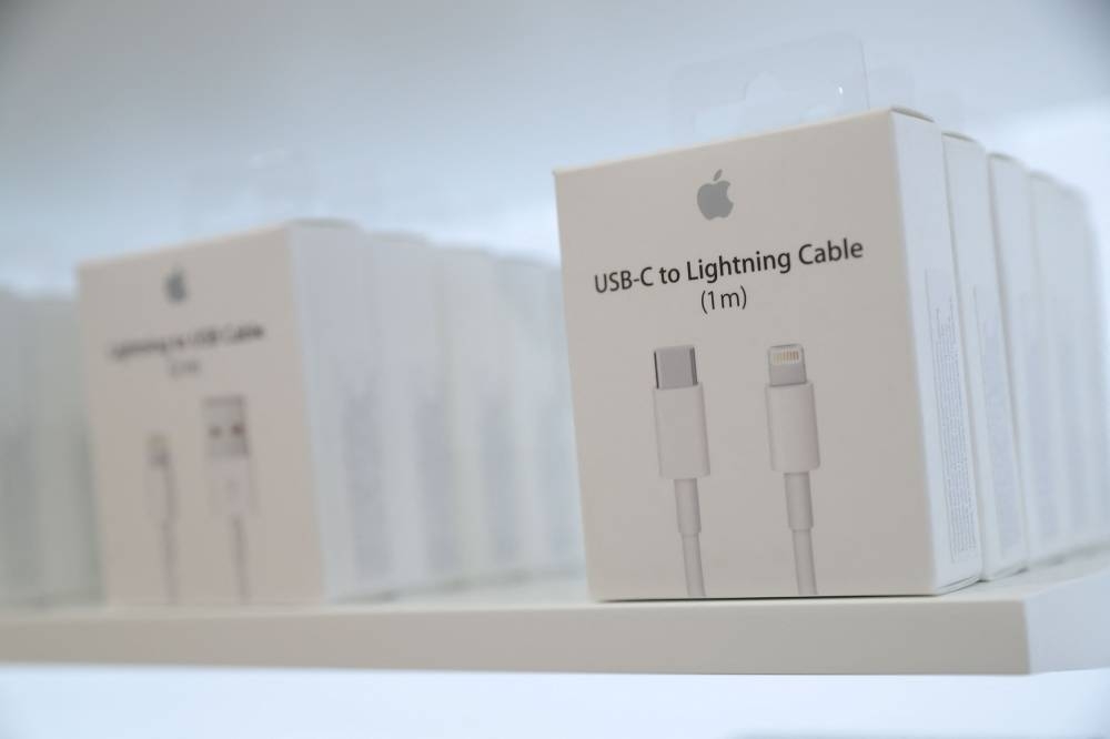 USB-C to Lightning Cable adapters are seen at a new Apple store in Chicago, Illinois October 19, 2017. — Reuters pic