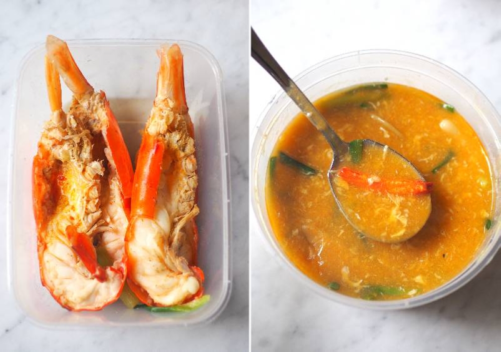 The prawns are packed separately in a box so you can add them when you reach home (left). Keep the sauce warm at home to prevent it from getting gloopy and you also get the prawn legs inside the sauce (right)