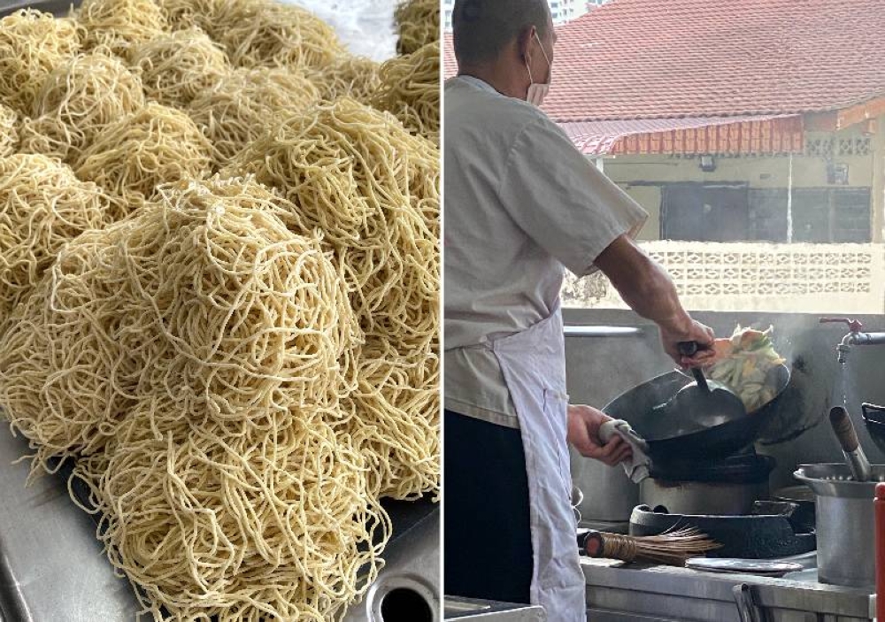 The crispy noodles are made by deep frying these egg noodles (left). You get to watch some wok action when Tan fries up your order at the stall (right) 