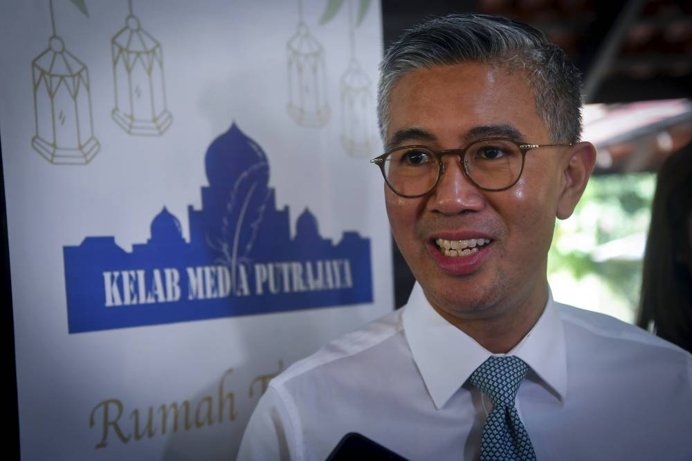 Finance Minister Datuk Seri Tengku Zafrul Abdul Aziz speaks to the media while attending the Putrajaya Terlajak Raya Media Club Open House in Putrajaya, June 8, 2022. — Bernama pic 