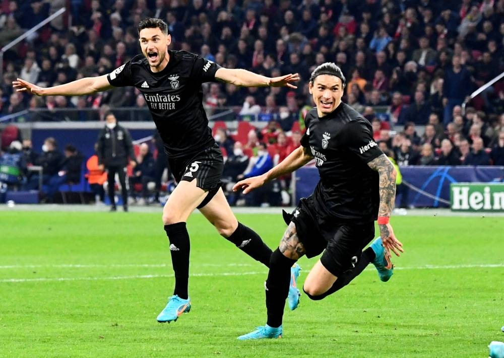 Benfica’s Darwin Nunez celebrates scoring their first goal against Ajax Amsterdam at Johan Cruijff Arena, Amsterdam, Netherlands, March 15, 2022. — Reuters pic 