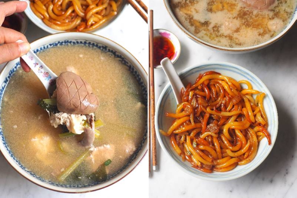 Their special pork noodles is served with pig's kidney (left). You can also order the dry version where the noodles is tossed in dark soy sauce and lard fritters (right)