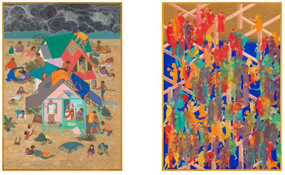 'Floating World' (left) and 'Theatre of History' (right), both 2022 and gouache on paper.