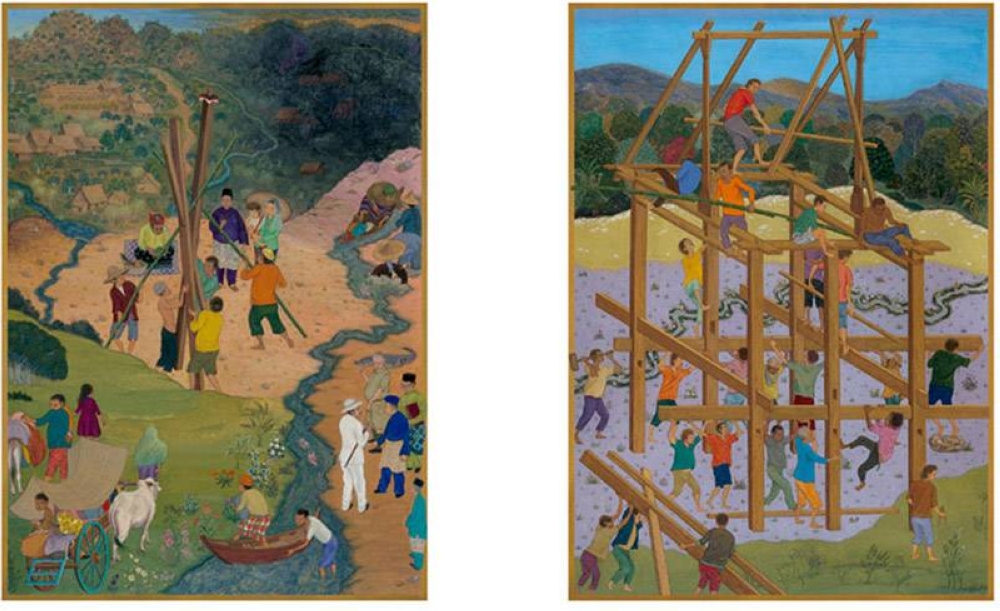 'Origin of Place' (left) and 'To Build a Village' (right), both 2021 and gouache on paper.