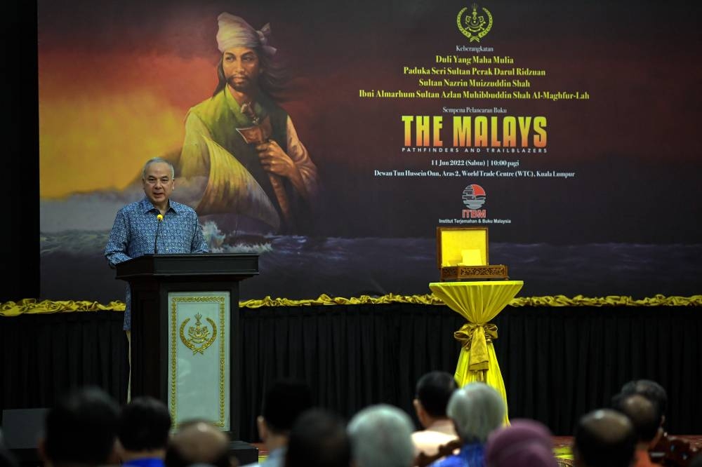 Sultan of Perak, Sultan Nazrin Shah, speaks at the launch of 'The Malays: Pathfinders And Trailblazers' book at the World Trade Centre Kuala Lumpur June 11, 2022. — Bernama pic