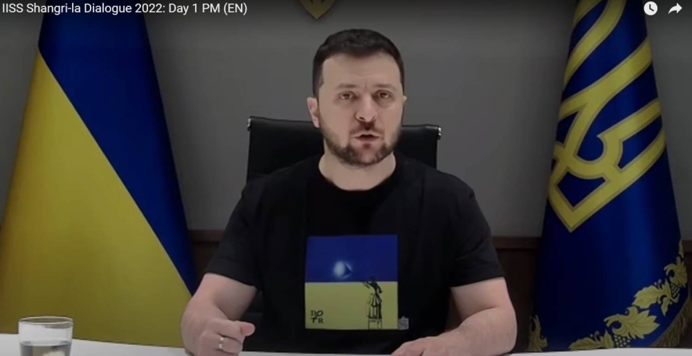 Ukrainian President Volodymyr Zelenskyy speaking virtually at the 19th Shangri-La Dialogue in Singapore on June 11, 2022. — Youtube screenshot via TODAY