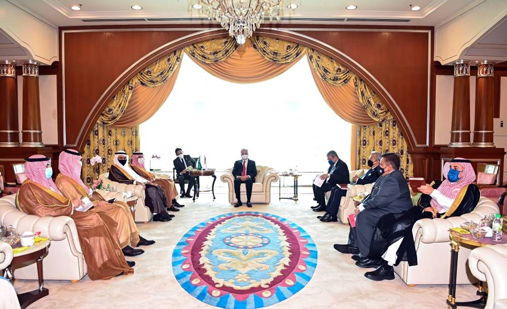 Prime Minister Datuk Seri Ismail Sabri Yaakob (centre) having a meeting with Saudi Foreign Minister Prince Faisal bin Farhan when the latter made a courtesy call at Perdana Putra in Putrajaya June 8, 2022. — Bernama pic