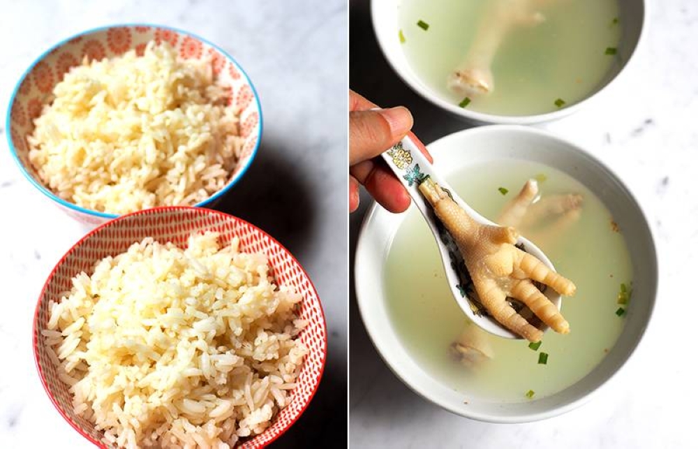 The chicken rice may look pale but it has a delicate yet distinct aroma (left). They give you the chicken broth with chicken feet for soup (right).