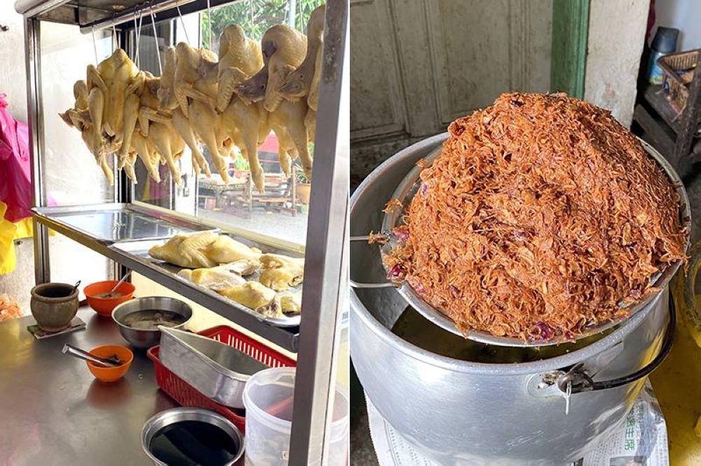 At 11am, there will be a row of poached chickens ready for sale (left). The mountain of fried shallots that is used for the sauce (right).