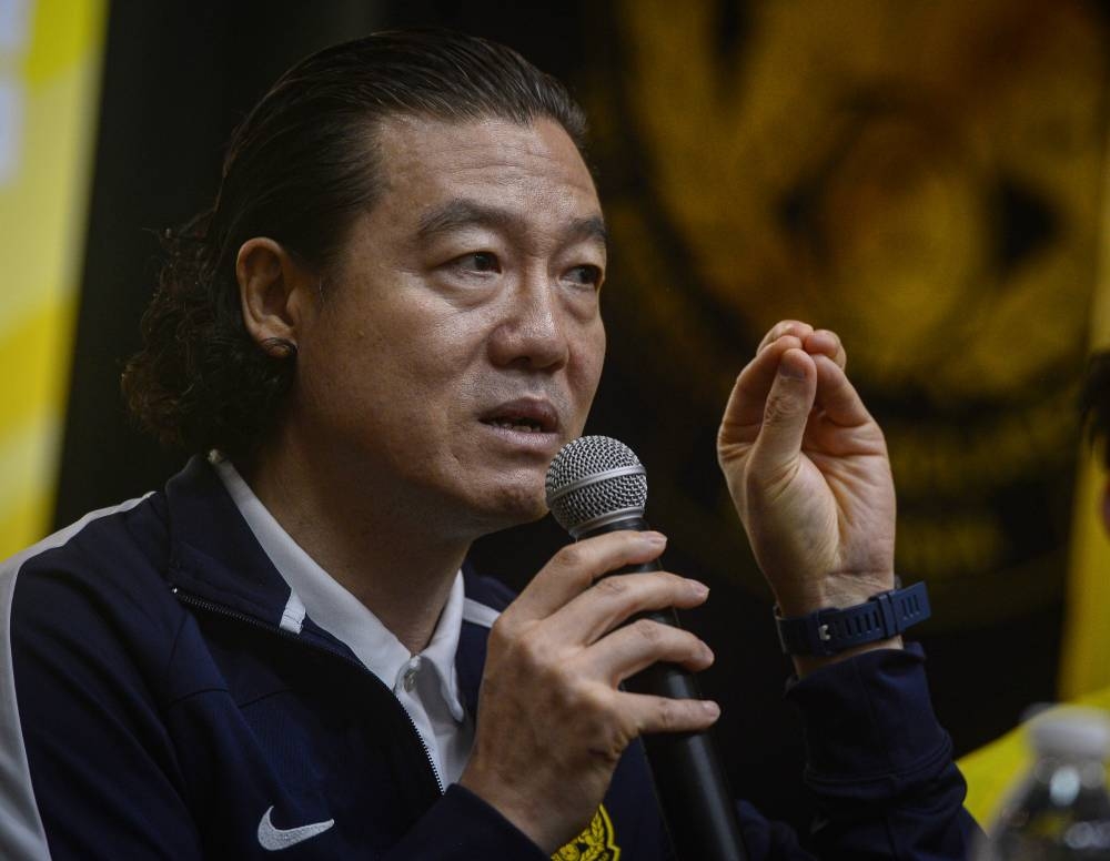 National head coach Kim Pan Gon speaks to the media during a pre-match press conference at Wisma FAM in Kelana Jaya, May 31, 2022. — Bernama pic 