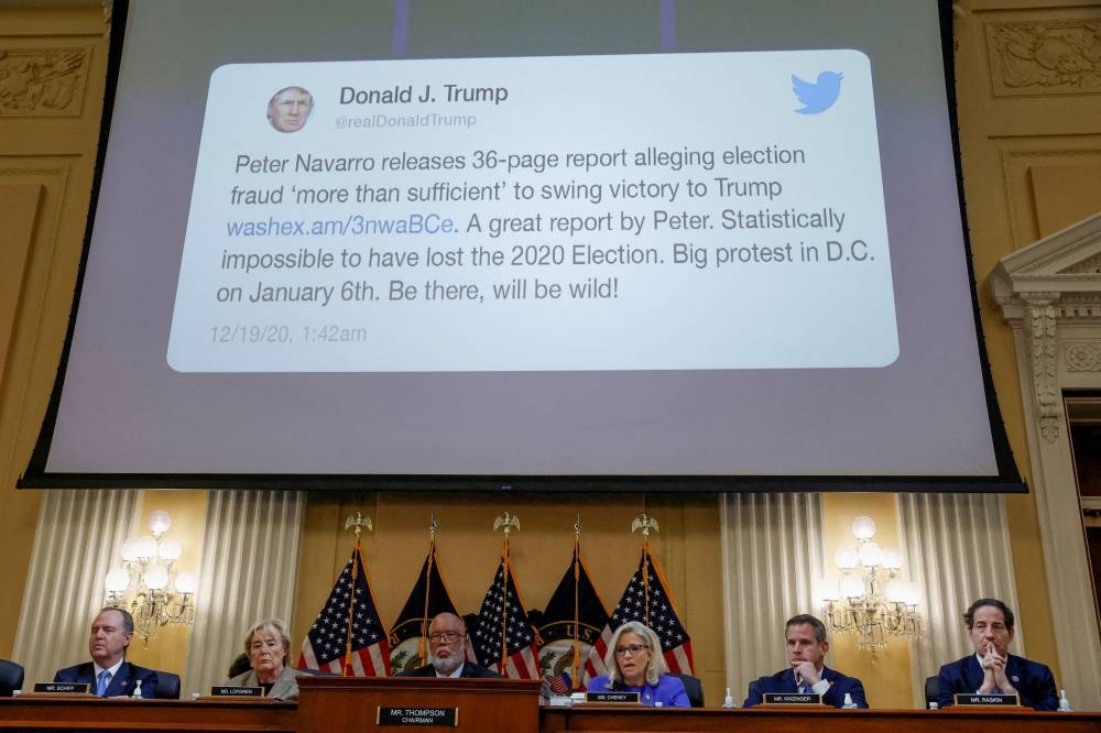 A tweet of Former US President Donald Trump is seen during the hearing of the US House Select Committee to Investigate the January 6 Attack on the United States Capitol, on Capitol Hill in Washington June 9, 2022. — Reuters pic