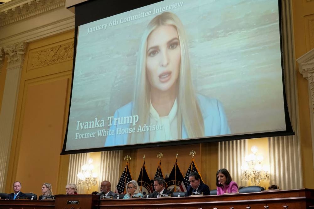 A video of Ivanka Trump speaking is shown on a screen during the second public hearing of the US House Select Committee to Investigate the January 6 Attack on the United States Capitol, at Capitol Hill, in Washington June 13, 2022. — Reuters pic