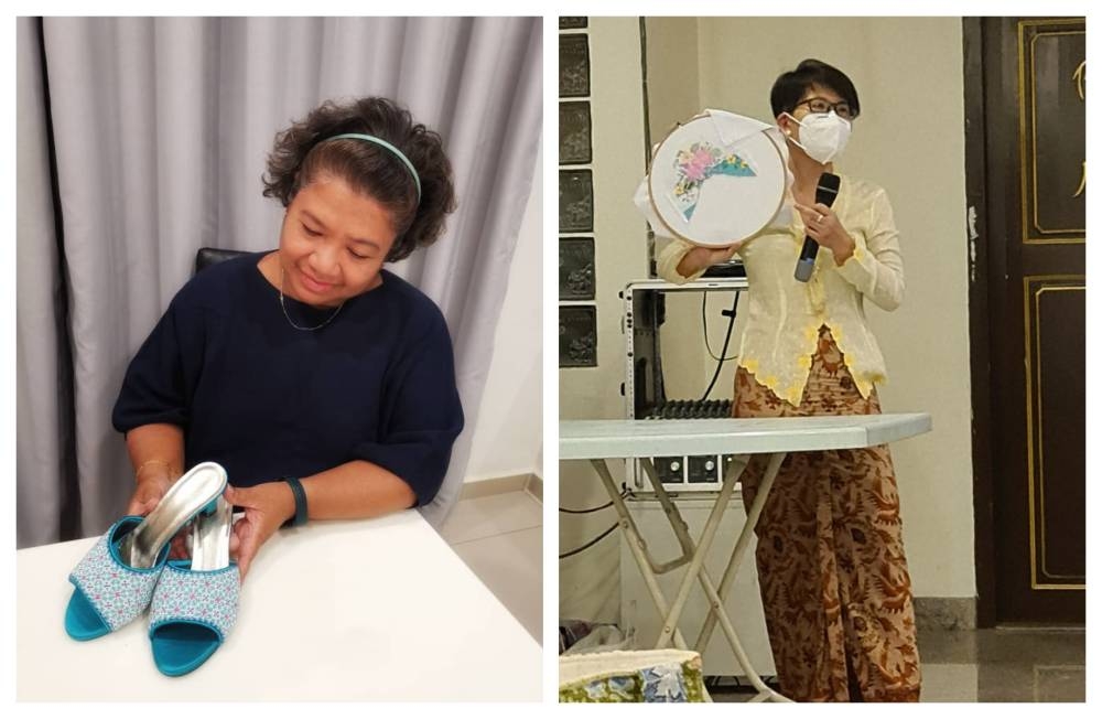 Parvi (left) with her pair of beaded shoes and Ong teaching her students a cross-stitch method. — Pictures via Parvi Mudaliar/Ong Bee Hong