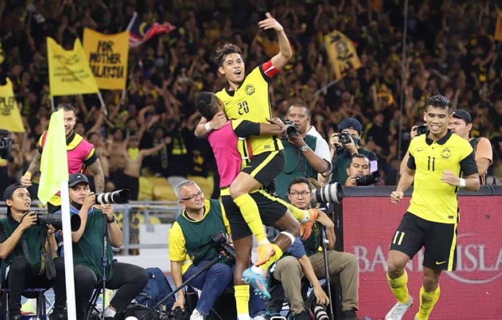 Malaysia's Syafiq Ahmad celebrates scoring against Bangladesh at the National Stadium in Bukit Jalil June 14, 2022. — Picture via Facebook