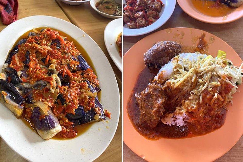 The 'terung balado' is an addictive combination of a spicy red chillies sambal with tender, silky brinjal (left). If you're eating alone, the plate of rice is drizzled with 'gulai' and served with an assortment of vegetables plus your choice of food such as 'rendang daging' and 'bergedil' (right).