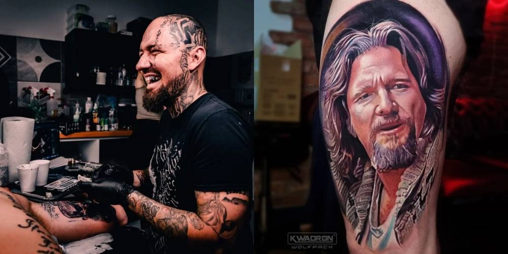 Strange pieces aside, (left) Gunther specialises in realistic colour tattoos, such as this one of Jeff Bridges in his role as The Dude in film The Big Lebowski. — Pictures via Instagram/ dean.gunther