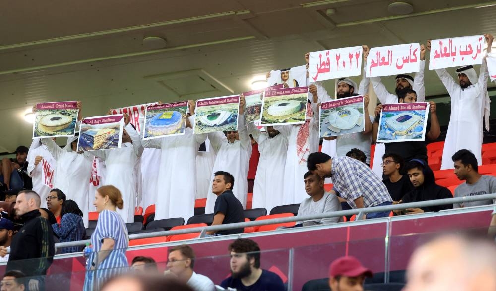 Pictures are displayed of the stadiums that will be used in the Qatar 2022 Fifa World Cup at the Al Rayyan Stadium Qatar June 14, 2022. — Reuters pic