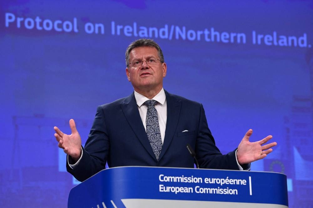 EU commission vice-president Maros Sefcovic gives a press conference at the EU headquarters in Brussels on June 15, 2022. The European Commission launched new legal action against Britain today, accusing London of threatening peace in Northern Ireland by trying to overhaul the post-Brexit trade deal. — AFP pic
