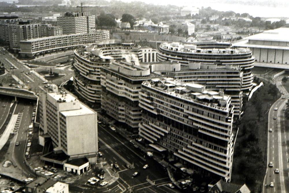 This file photo taken June 16, 2022 shows the Watergate complex in Washington, DC, as seen in this 1972 courtroom evidence photo that was used 30 years ago to illustrate the proximity of the Howard Johnson Hotel (lower left) and the Watergate (right). — AFP pic